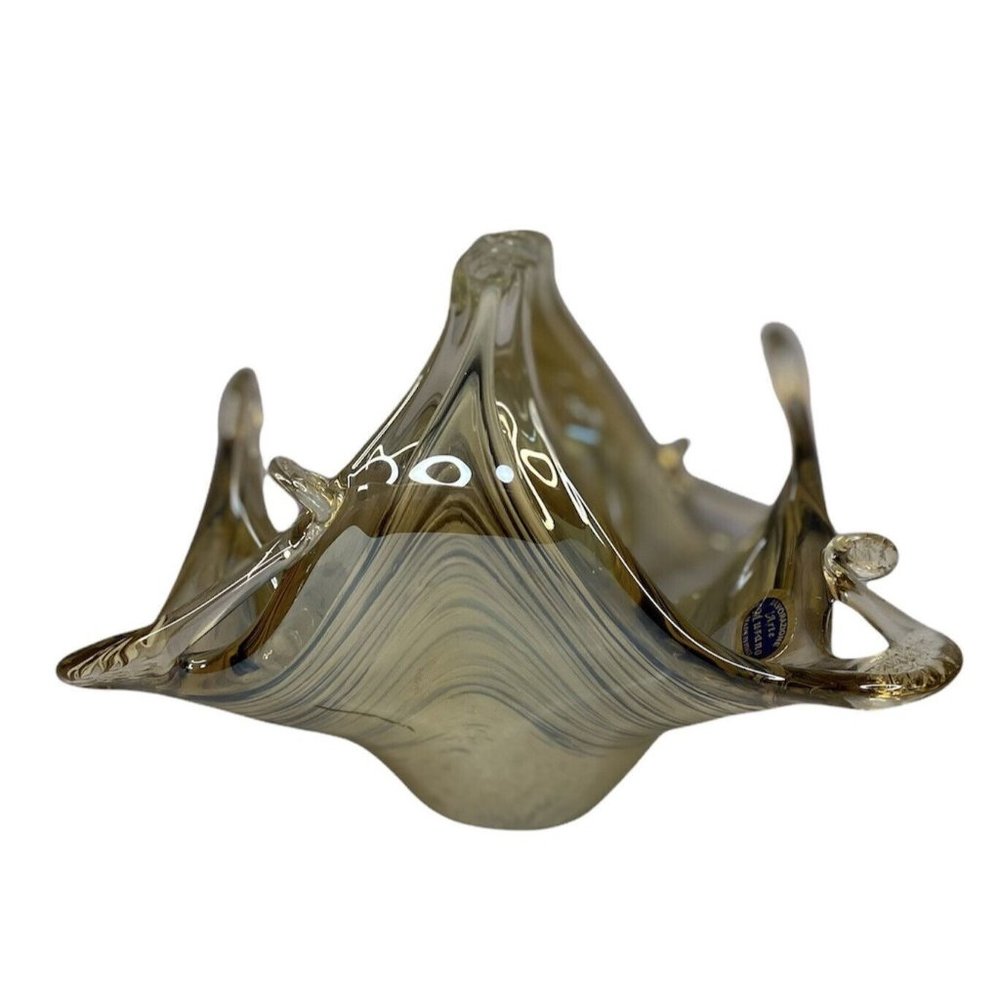 Lavorazione Arte Murano Art Glass Basket Candy Dish Iridescent Gold Black Swirl - Picture 2 of 12